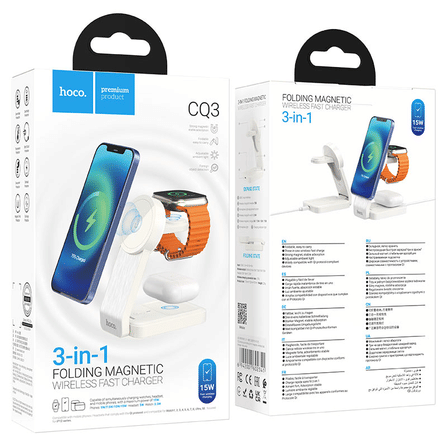 แท่นชาร์จไร้สาย 3IN1 HOCO CQ3 สีขาว สำหรับ สมาร์ทโฟน, หูฟังไร้สาย, APPLE WATCH พับเก็บได้_7